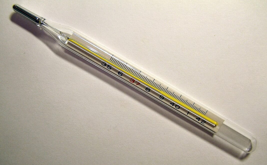 A clinical thermometer reading 38.7°C, indicating a fever